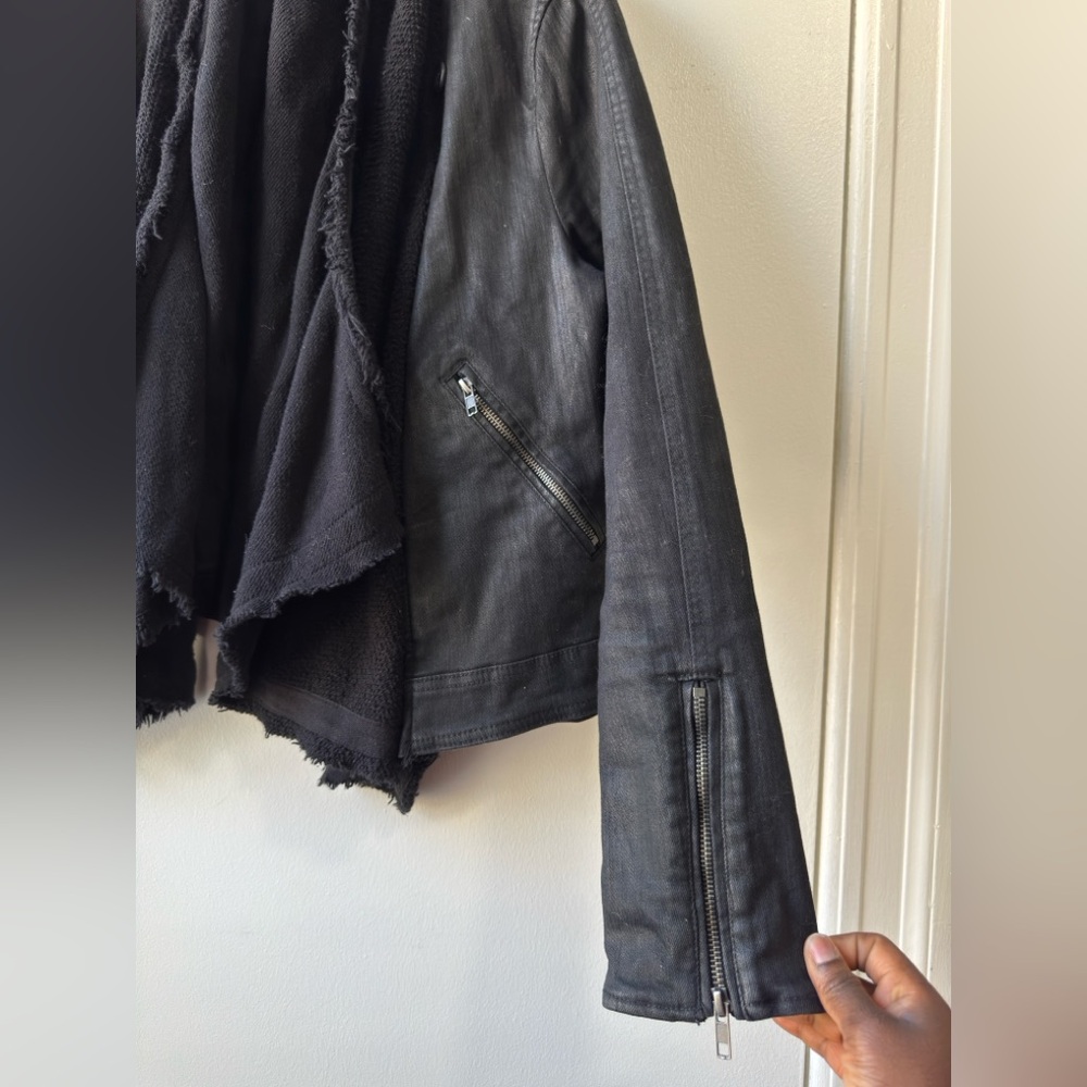 Free People Drape Front Coated Denim Moto Mixed Media Black Leather Jacket Sz 12 - Picture 6 of 11